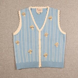 Vintage Vest Womens Large Blue Mushrooms Knit Boho Cottage Boho Retro Aware